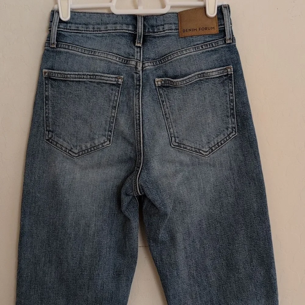 Denim Forum Arlo High Rise Straight Blue Raw Hem Button Fly Jeans Organic - 24